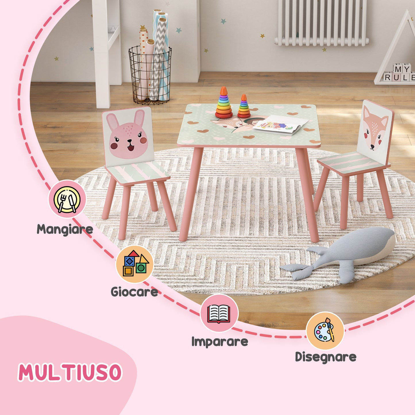 ZONEKIZ 3-piece table and chair set for children 3-8 years in MDF and pine wood with animal designs, pink - Borgè