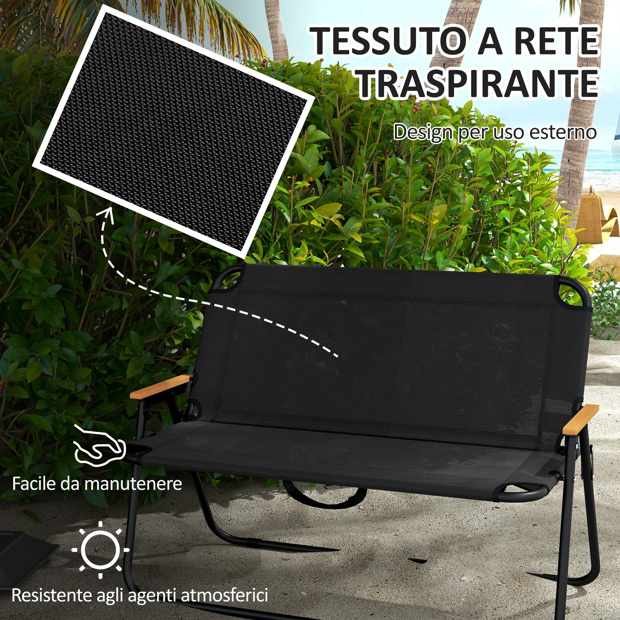 Double 2-Seater Folding Camping Chair in Steel and Oxford Fabric, 108x65x73cm, Black - Borgè