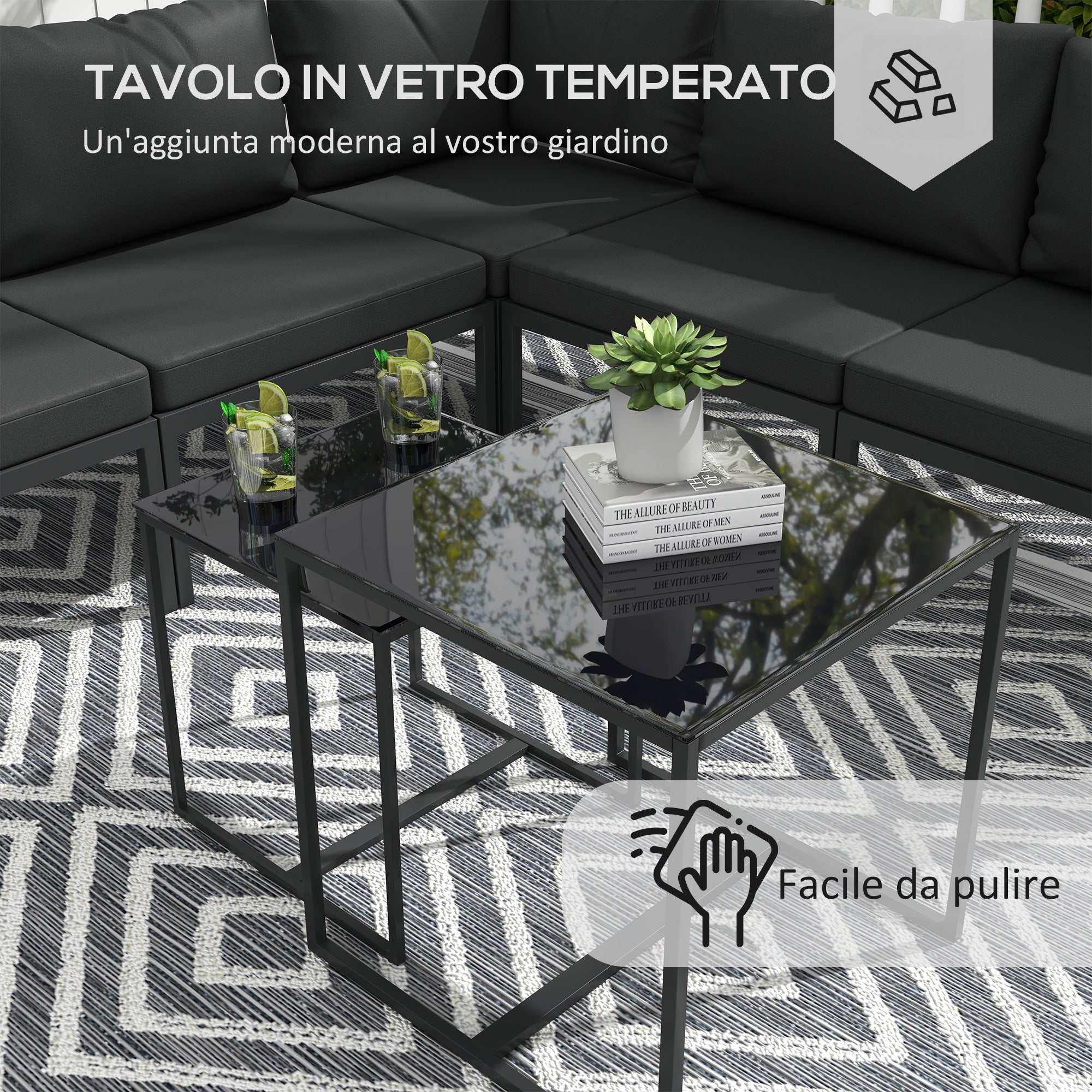 Outsunny garden set 7 pieces in steel and polyester with 5 chairs with cushions and 2 coffee tables, gray - Borgè
