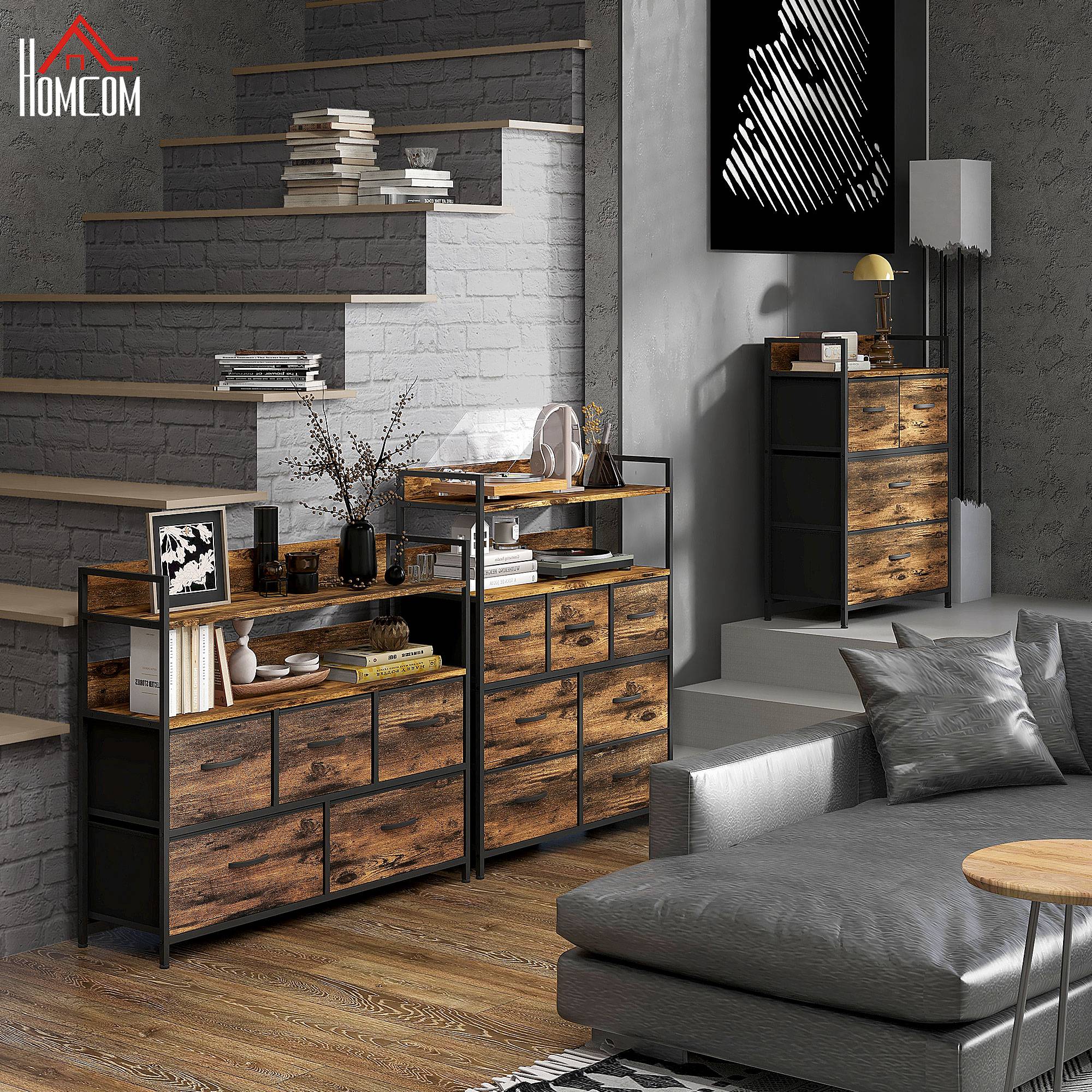 Chest of 4 Removable Drawers with Industrial Design in Wood and Steel, 60x29x85 cm, Brown and Black