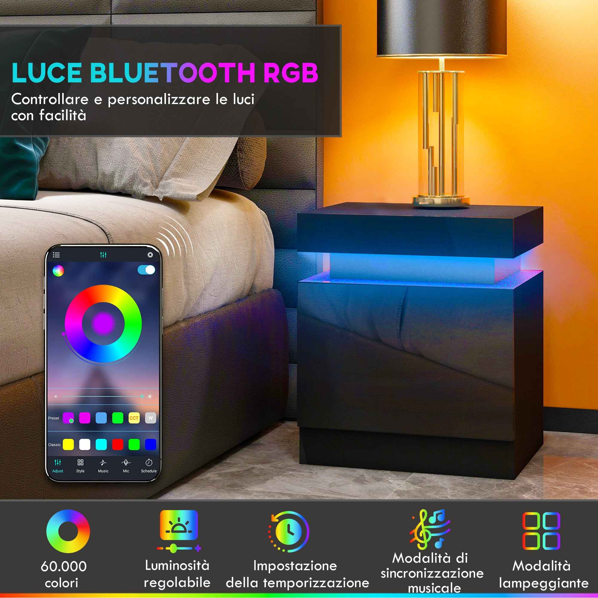 HOMCOM 16-Color LED Nightstand with 4 Modes and 2 Drawers, Wooden, 45x35x52 cm, Black
