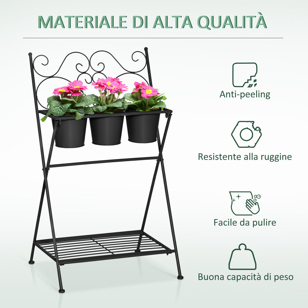 Folding Metal Plant Stand with 3 Pots and Bottom Shelf for Home and Garden, 47x37x78.5cm, Black