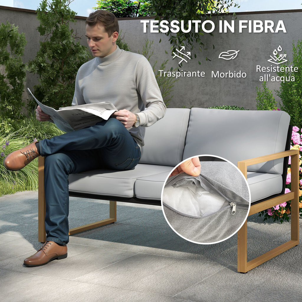 4 Piece Garden Set with 2 Armchairs, Sofa and Coffee Table, in Aluminum and Fiber, Gray and Wood Color