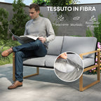 4 Piece Garden Set with 2 Armchairs, Sofa and Coffee Table, in Aluminum and Fiber, Gray and Wood Color