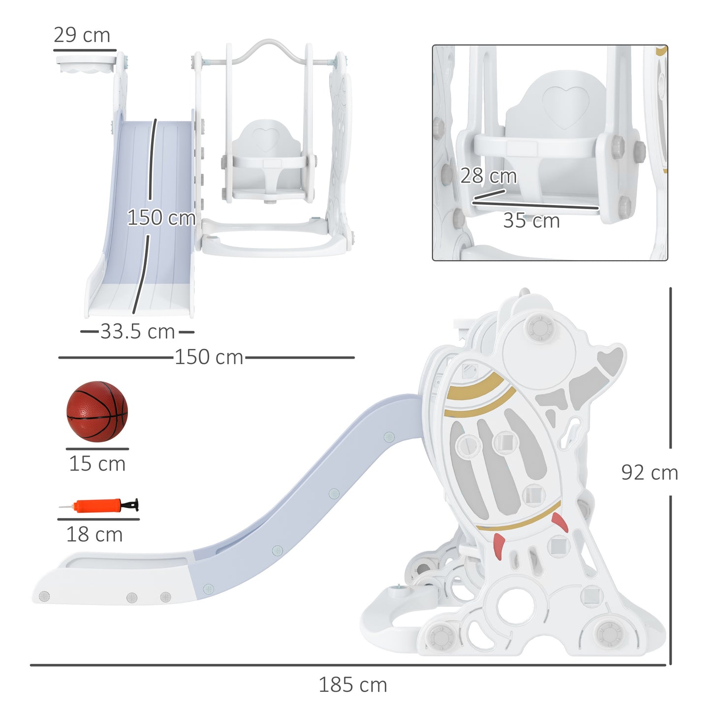 Children's Game 18-48 Months, 3 in 1 Plastic Set with Swing, Slide and Basketball Hoop, 150x185x92 cm