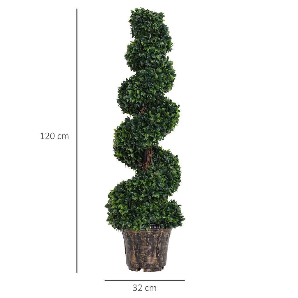 Outsunny 120cm Artificial Boxwood Spiral Indoor Plant, Indoor and Outdoor Artificial Plant with Pot Included, Fake Plant for Home, Office, Living Room, Garden Decoration, Green