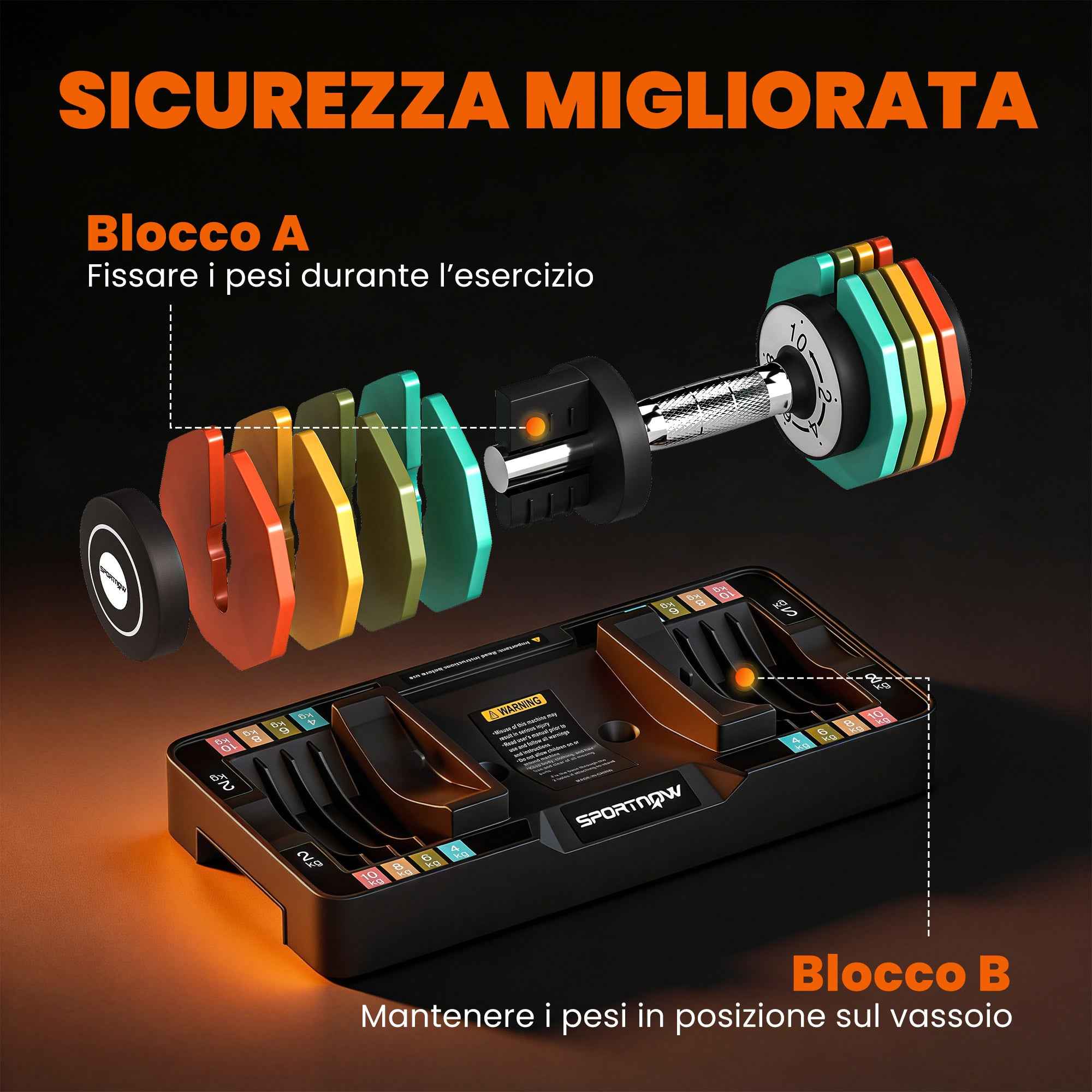 SPORTNOW Adjustable and Non-Slip Dumbbell Set 2-10 kg with Base, Steel, 29.5x13.6x13.6 cm, Multicolor