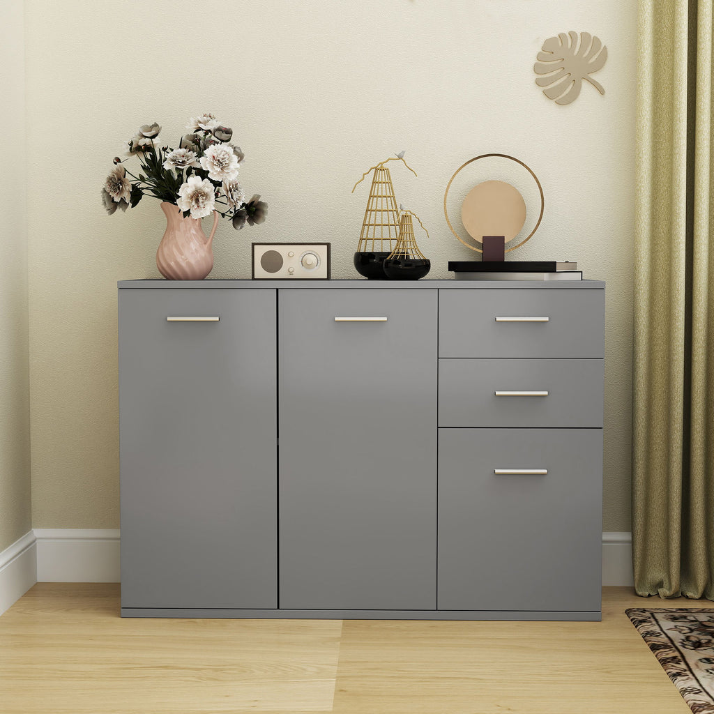 Modern Sideboard with 3 Cabinets and 2 Drawers, Wooden, 106x35x76 cm, Light Grey