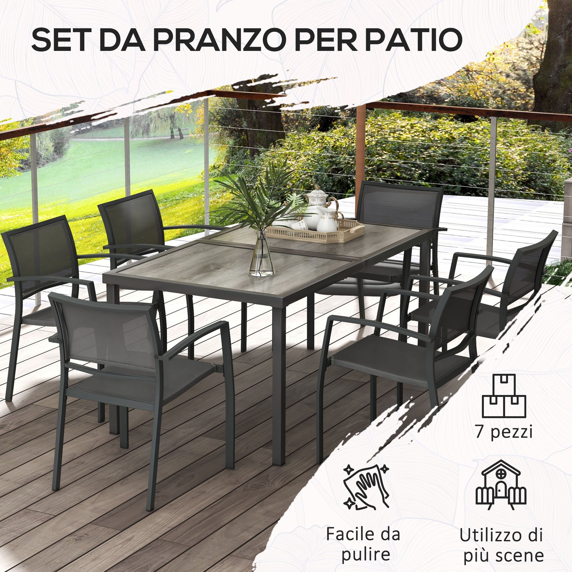 Garden Set with 6 Stackable Mesh Fabric Chairs and Wood Effect Table, Grey