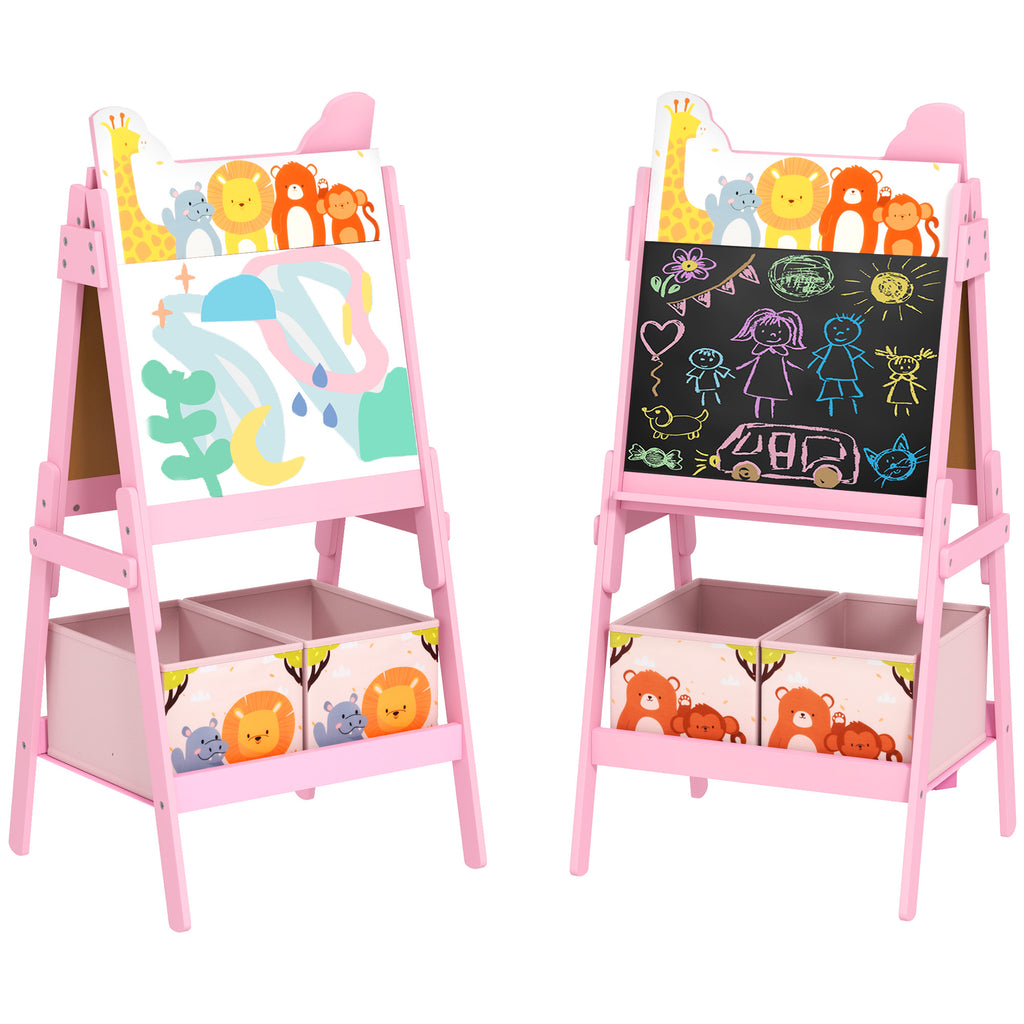 Art Easel for Children Ages 3-8 with Double-Sided Board and 2 Storage Baskets, Wooden, 53.5x49x113 cm, Pink