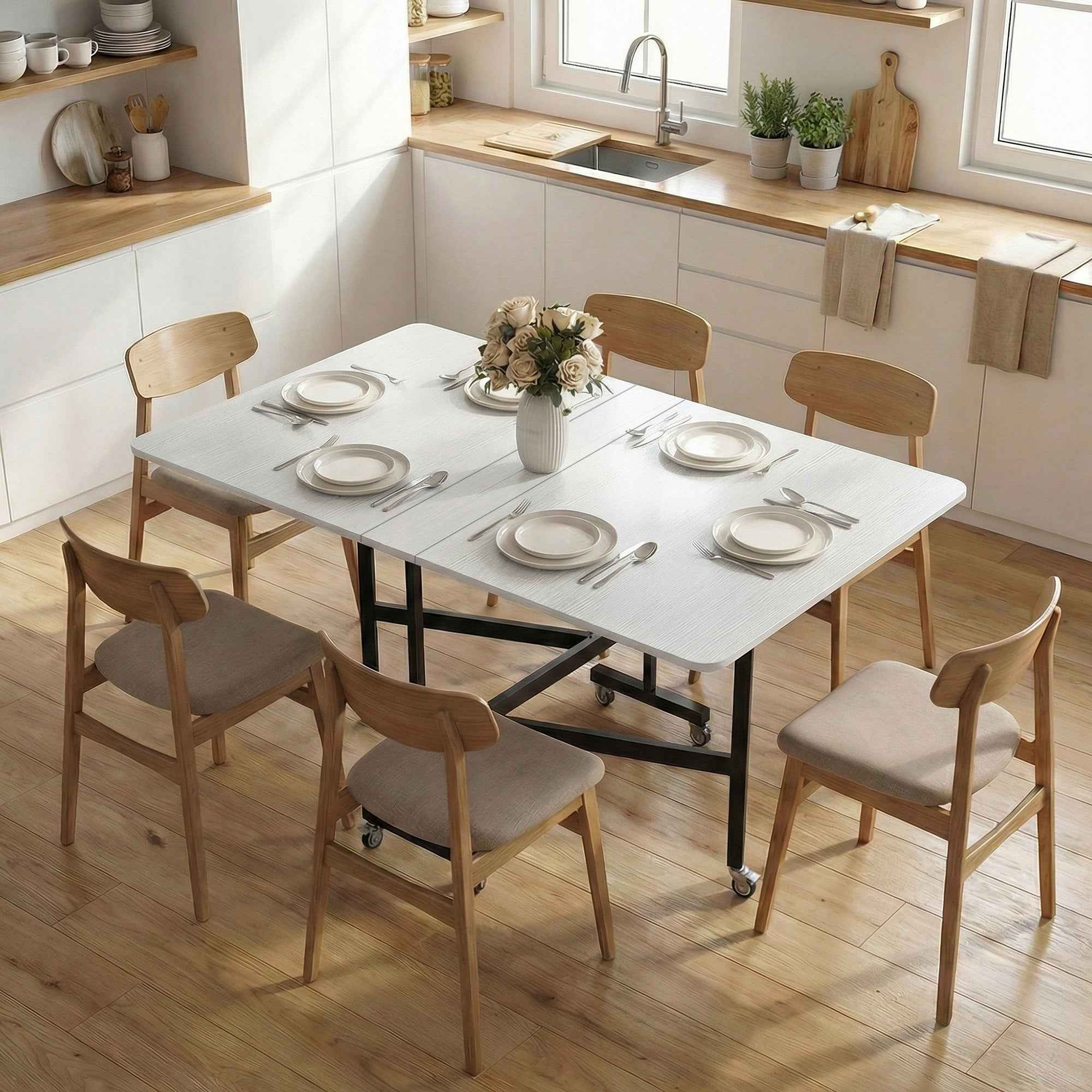 HOMCOM Folding Table for 4-6 People with 2 Flaps and Wheels with Brakes, 120x80x73 cm, White Wood