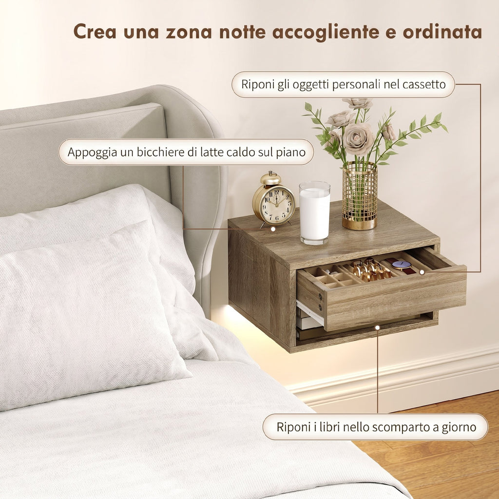 HOMCOM Set of 2 Wall-Mounted Bedside Tables with Built-in RGB LED Lights, Adjustable via APP, Drawer and Shelf, 37x32x21 cm, Wood Color