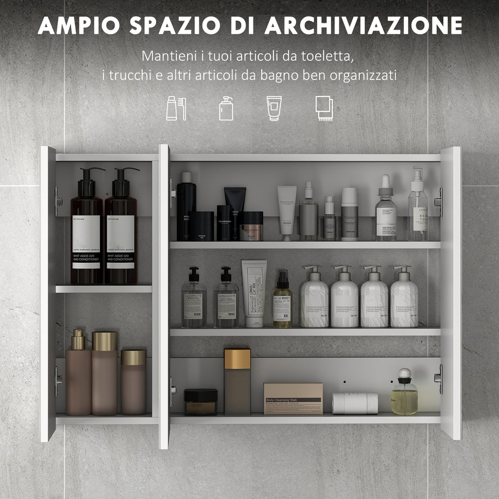 kleankin Bathroom Wall Cabinet with 3 Mirrored Doors and Adjustable Wooden Shelves 90x13.5x60 cm, White