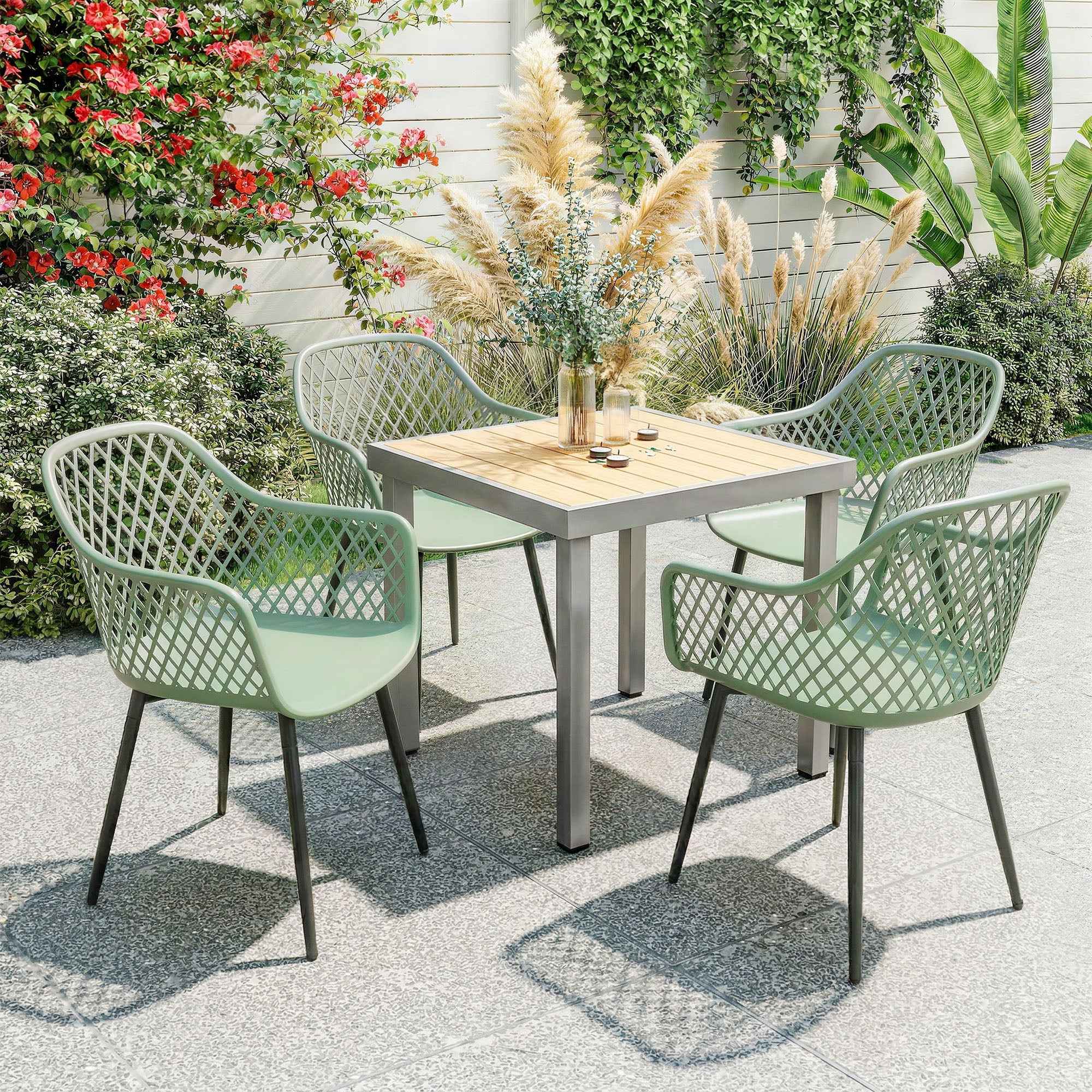 Outsunny Set of 4 Garden Chairs, with Diamond Backrest, Armrests, Green