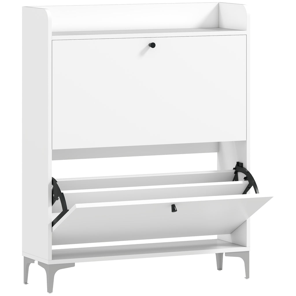 Slim Shoe Rack with 2 Flap Drawers and Adjustable Shelves, Made of Wood and Metal, 80x24x101 cm, White