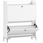 Slim Shoe Rack with 2 Flap Drawers and Adjustable Shelves, Made of Wood and Metal, 80x24x101 cm, White