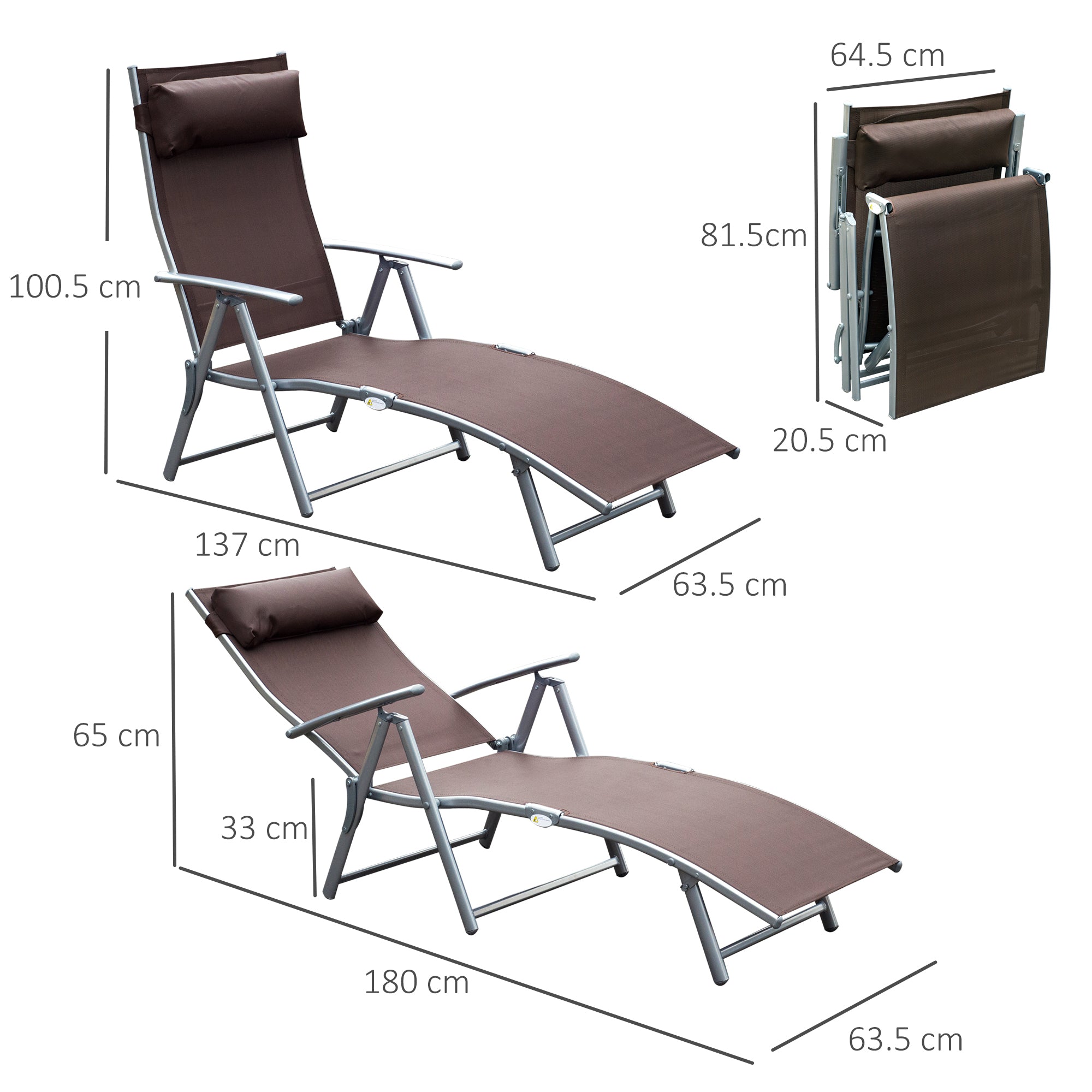 Folding Garden Lounger with Cushion, 7-Reclining Backrest, 137x63.5x100.5cm, Brown
