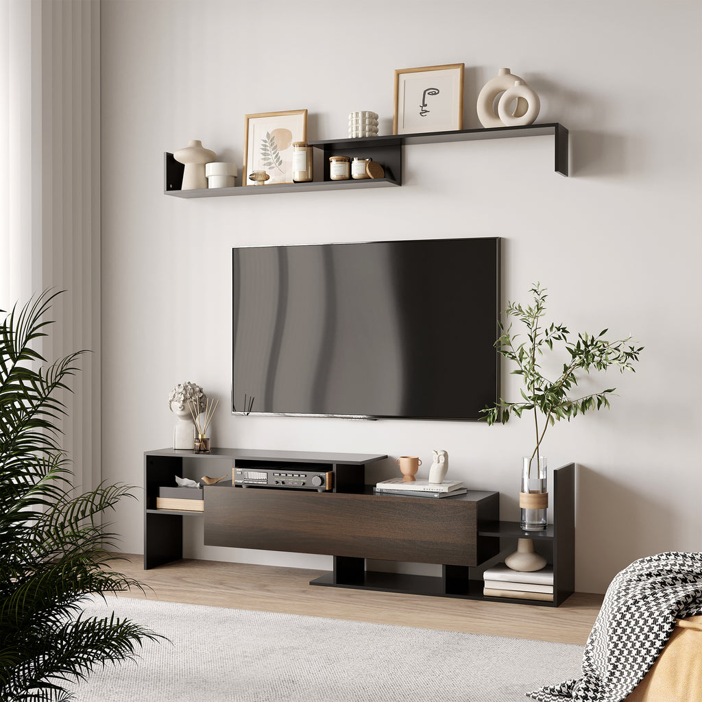 HOMCOM Wall-Mounted TV Stand with Open Shelves and Cabinet for Living Room and Bedroom, Black and Dark Brown