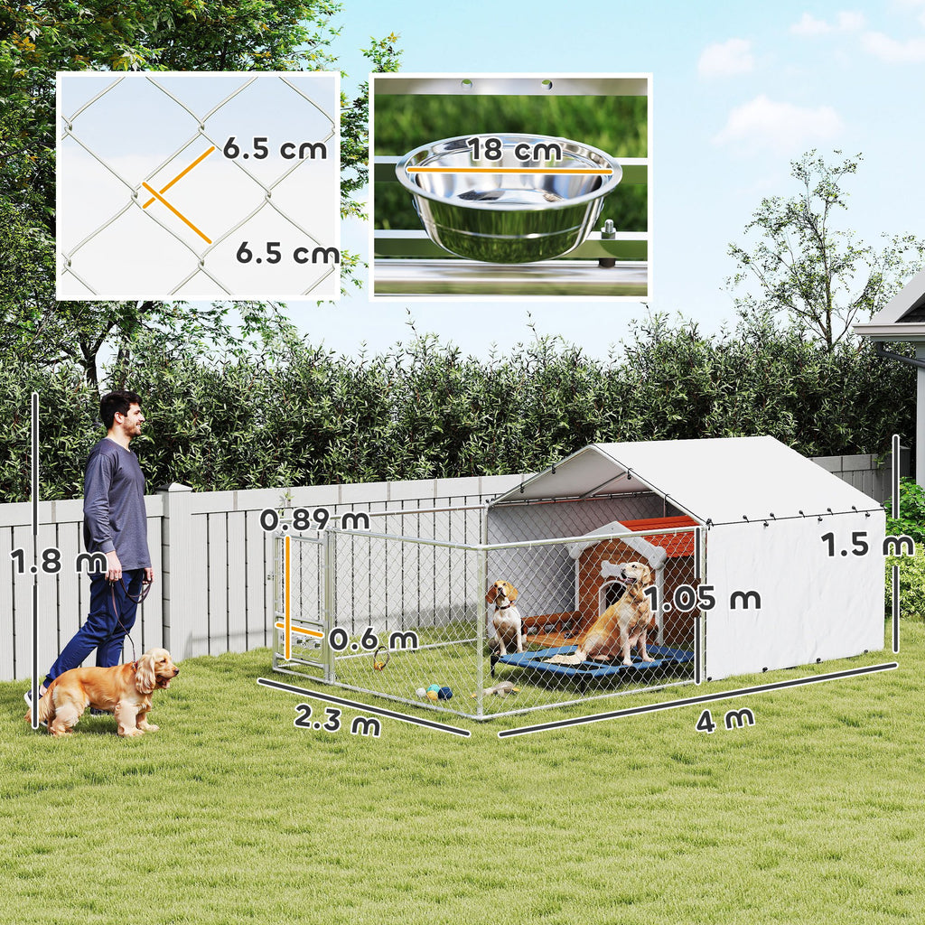 Dog Playpen with Covers and Rotating Bowls, Steel and Oxford Fabric, 4x2.3x1.5 m, Silver
