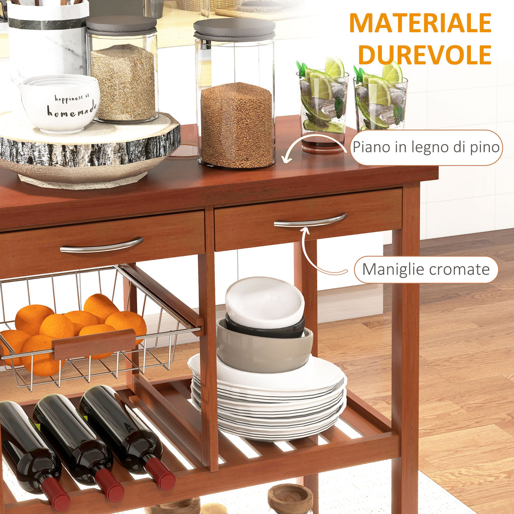 HOMCOM Wooden Kitchen Serving Trolley with Bottle Holder, Basket, 2 Shelves, 2 Drawers, Pine Wood, Durable, Easy to Use, Versatile, 84.5x37.2x85 cm