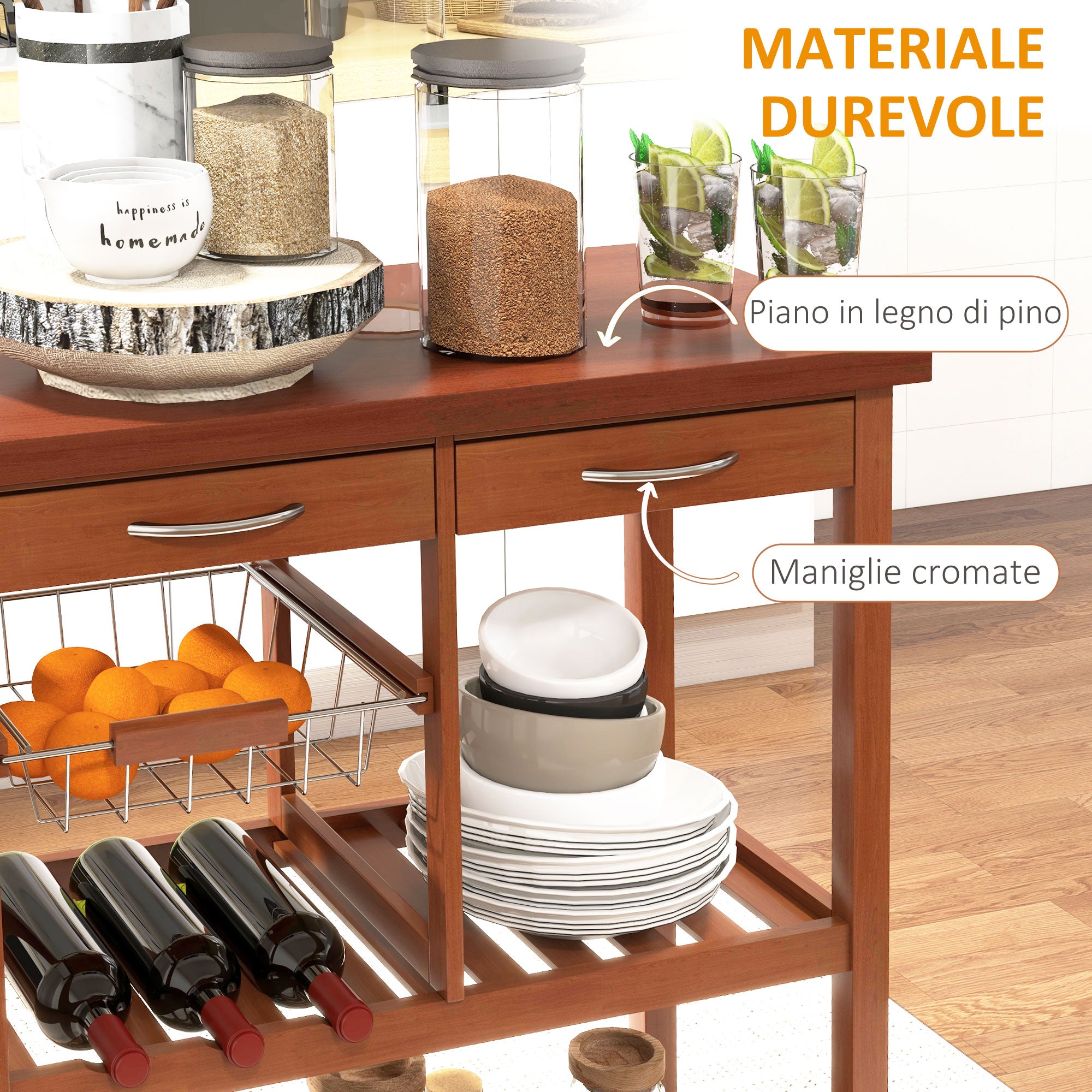 HOMCOM Wooden Kitchen Serving Trolley with Bottle Holder, Basket, 2 Shelves, 2 Drawers, Pine Wood, Durable, Easy to Use, Versatile, 84.5x37.2x85 cm