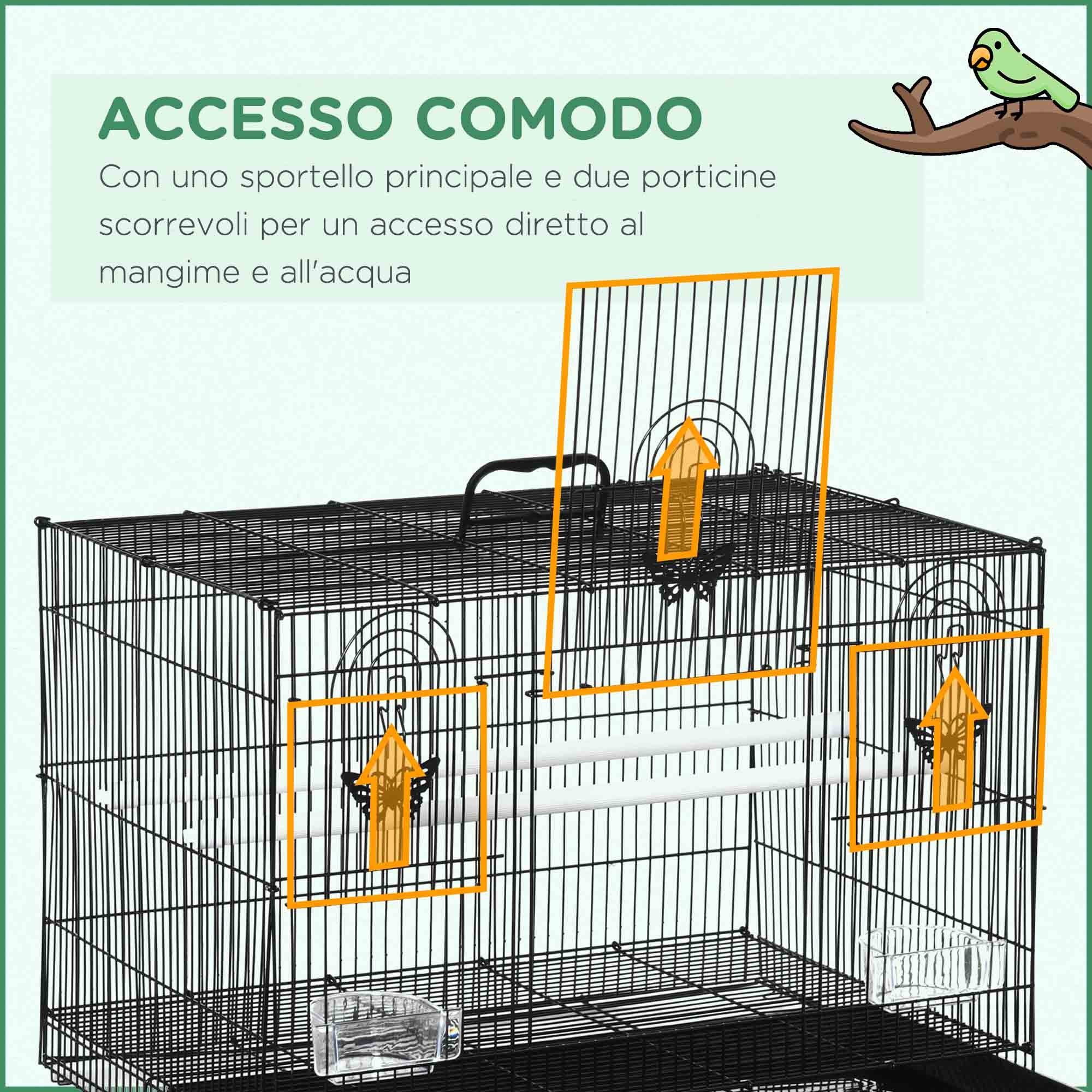 Bird Cage with 2 Perches and 3 Entrances in Metal Wire and Plastic, 60x41x41 cm, Black