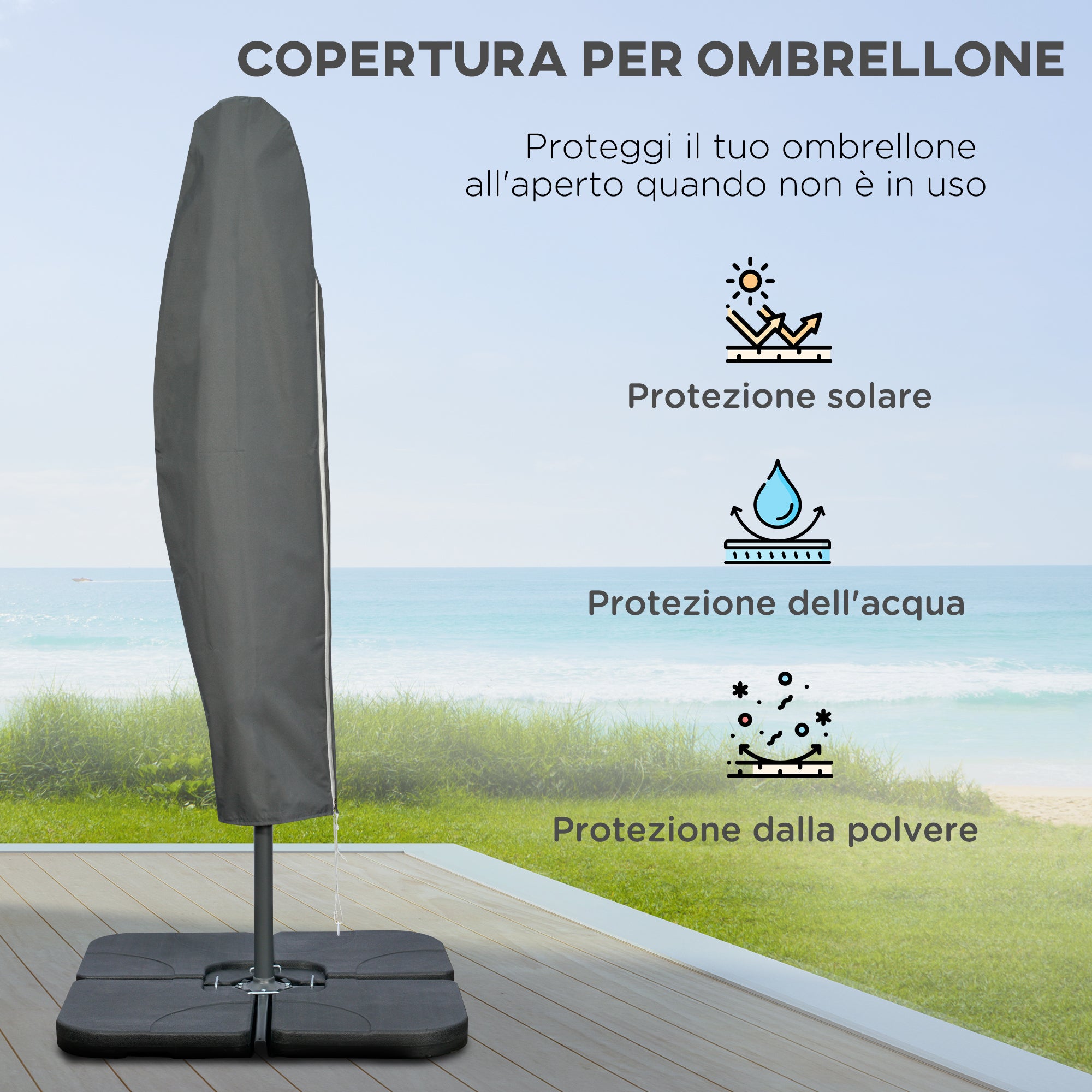 Decentralized Umbrella with 6 Ribs with Crank and Cross Base, in Metal and Polyester, Ø292x247 cm, Coffee