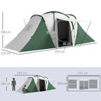 Camping Tent 4-6 People with 2 Rooms, in Polyester and Fiberglass, 555x225x190 cm, Gray and Green