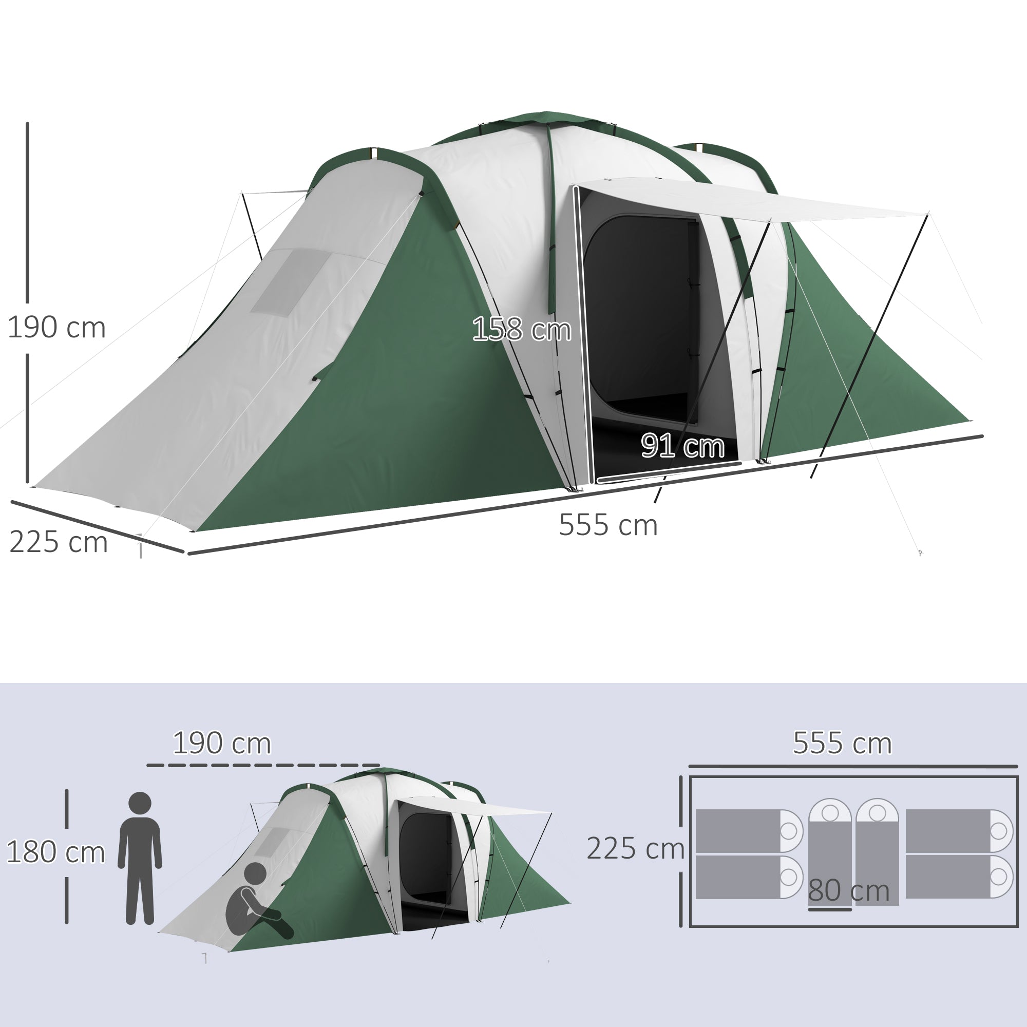 Camping Tent 4-6 People with 2 Rooms, in Polyester and Fiberglass, 555x225x190 cm, Gray and Green
