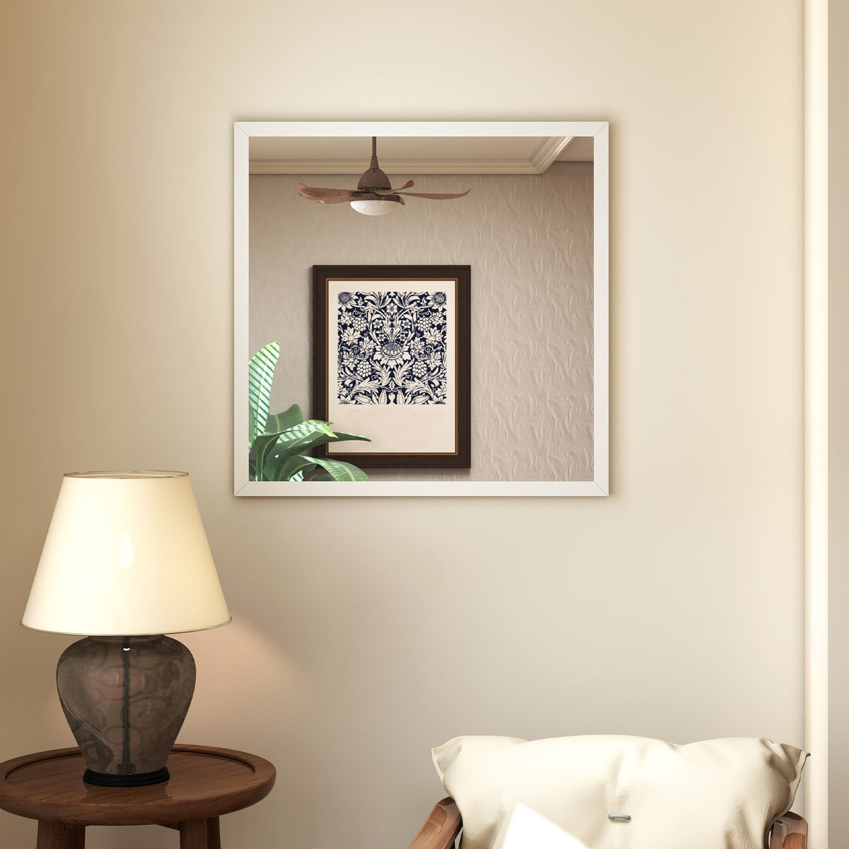 HOMCOM Rectangular Wall Mirror with Hooks, Glass and MDF Wall Mirror, 50x50 cm, White