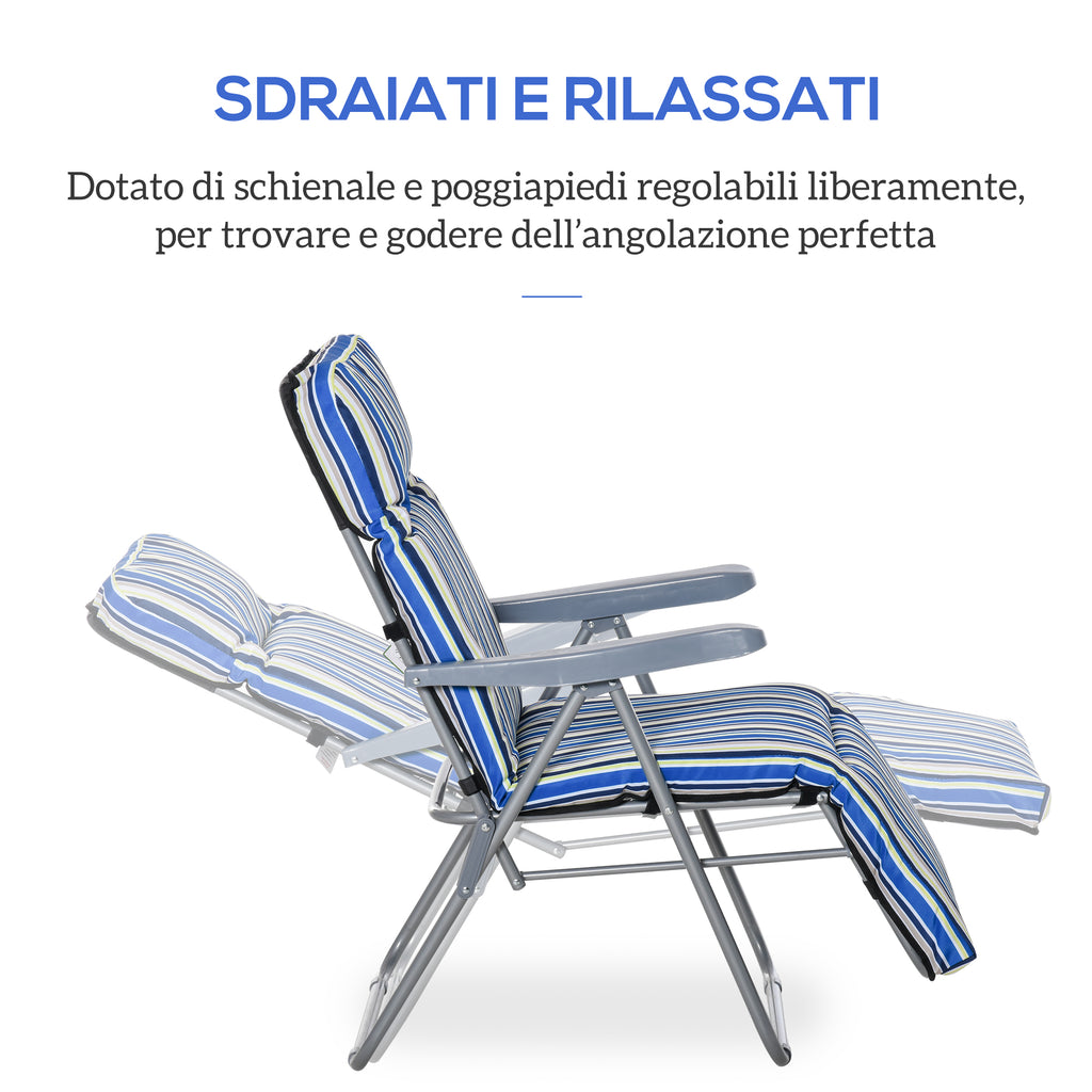 Outsunny Set of 2 Folding Deck Chairs with 5-Level Adjustable Backrest, Steel and Polyester, 60x75x102 cm, Blue and Cream