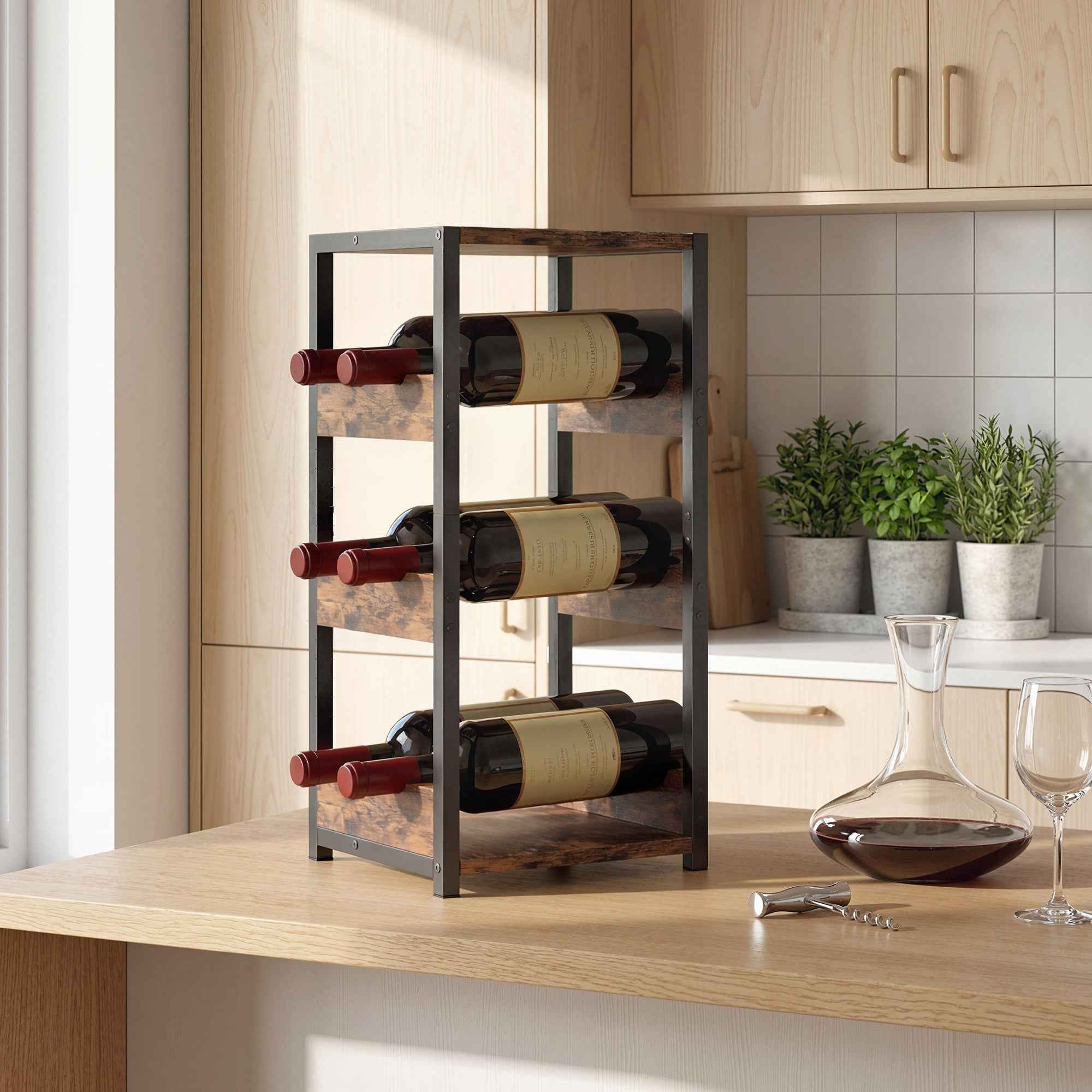 HOMCOM Wine Rack, Wavy Shelves, Adjustable Feet, Rustic Brown, Black.