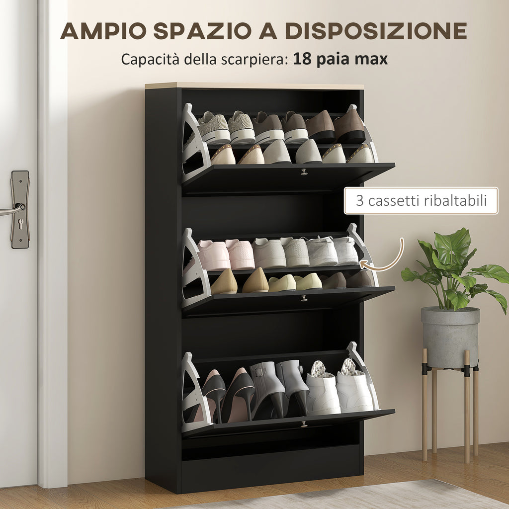 Space-saving 3-drawer shoe rack with adjustable shelves on 2 levels, in wood, 60x23.5x115 cm, Black