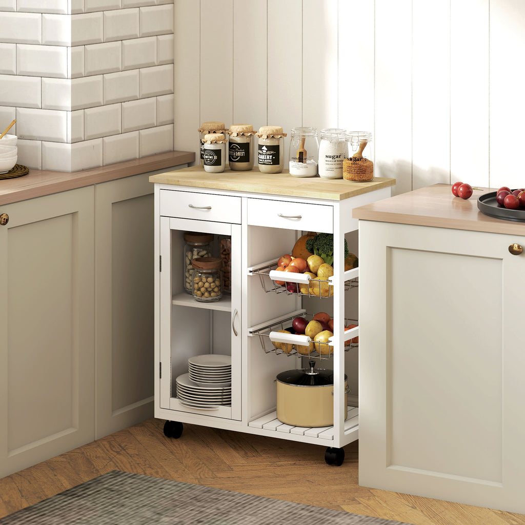 Bamboo Kitchen Cart with 2 Drawers, Cabinet, Shelf and 2 Steel Baskets, 67x35x80 cm, White