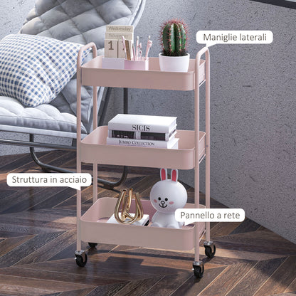 3-Tier Kitchen Cart with Handles and 4 Wheels, Steel, 45x30.6x79 cm, Pink