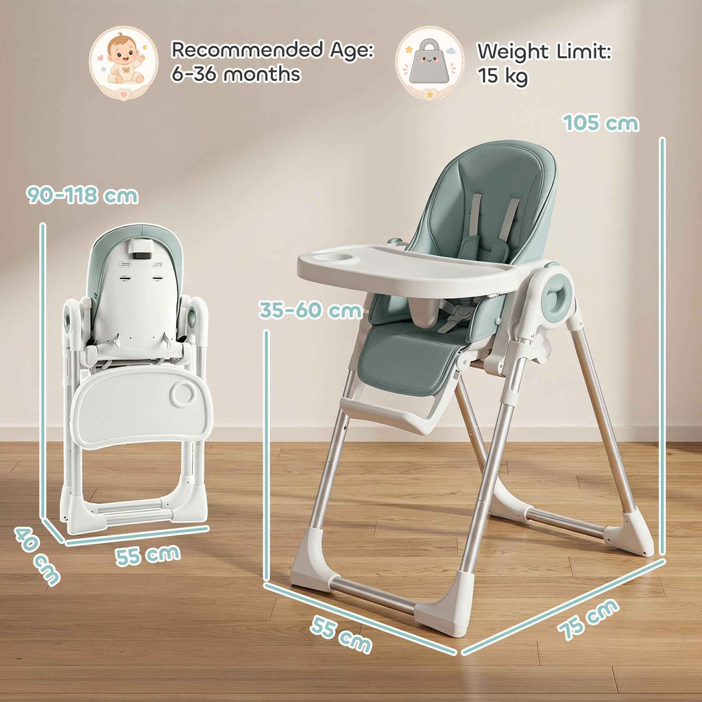 AIYAPLAY Folding High Chair for Babies 6-36 Months, Adjustable Height, Double Washable Tray and Wheels, Green