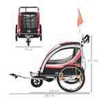 Kids Bike Trailer and Stroller, 2-in-1 Design with Brake, 5-Point Harness, Bicycle Trailer with Side Pockets, Reflectors and Flag, Red