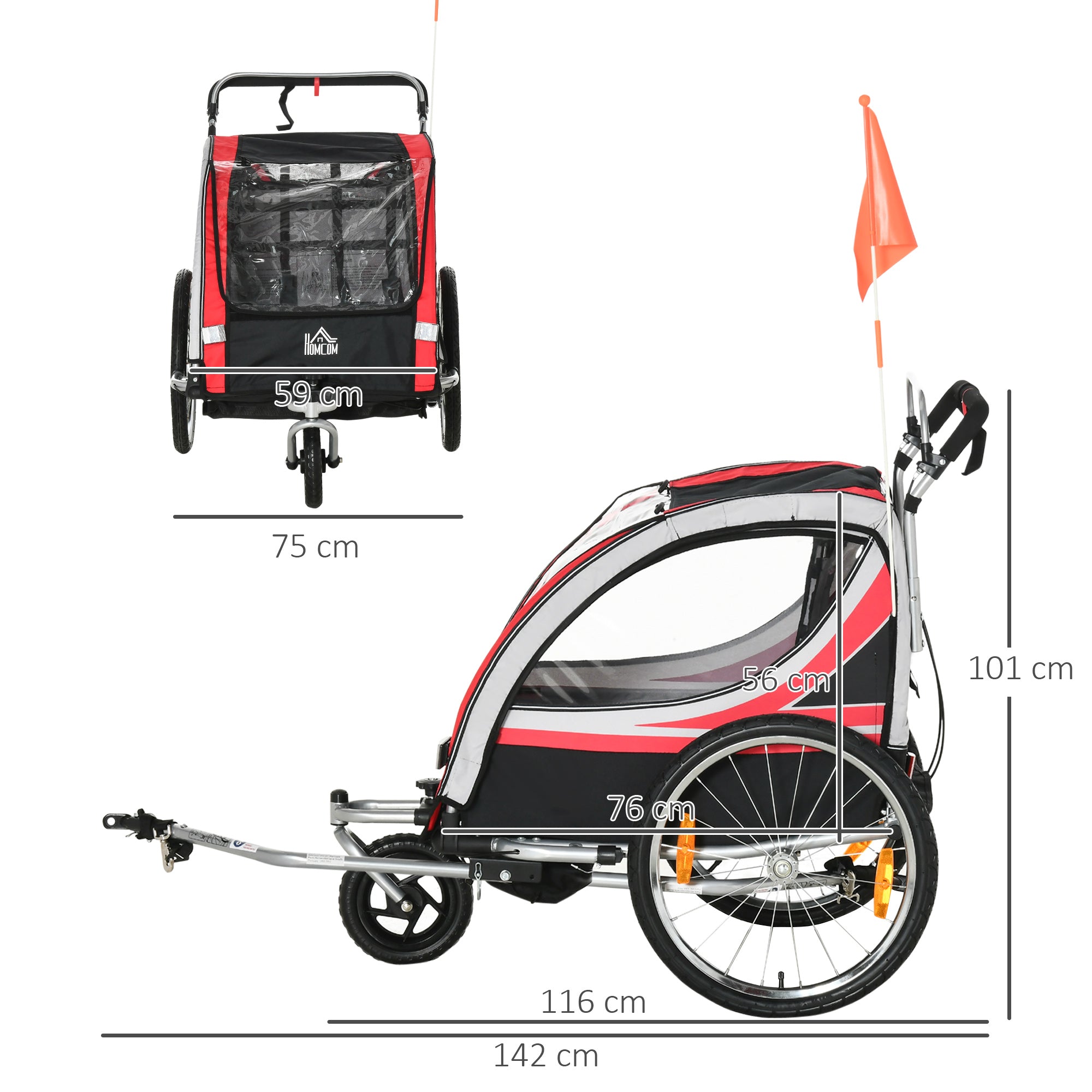 Kids Bike Trailer and Stroller, 2-in-1 Design with Brake, 5-Point Harness, Bicycle Trailer with Side Pockets, Reflectors and Flag, Red