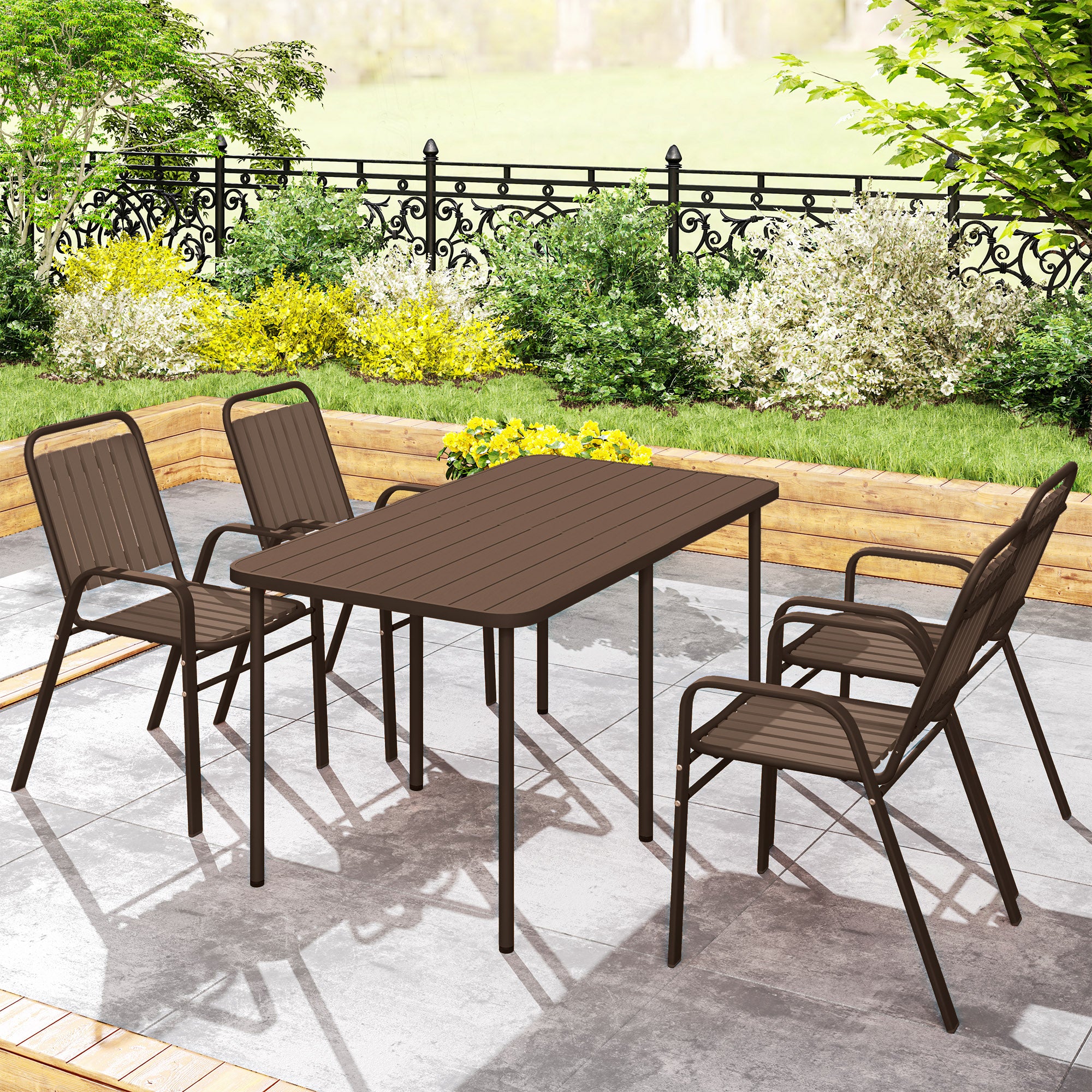 Set of 4 Stackable Outdoor Chairs with High Backrest and Armrests, in Steel and PP, 56x66x91 cm, Dark Brown