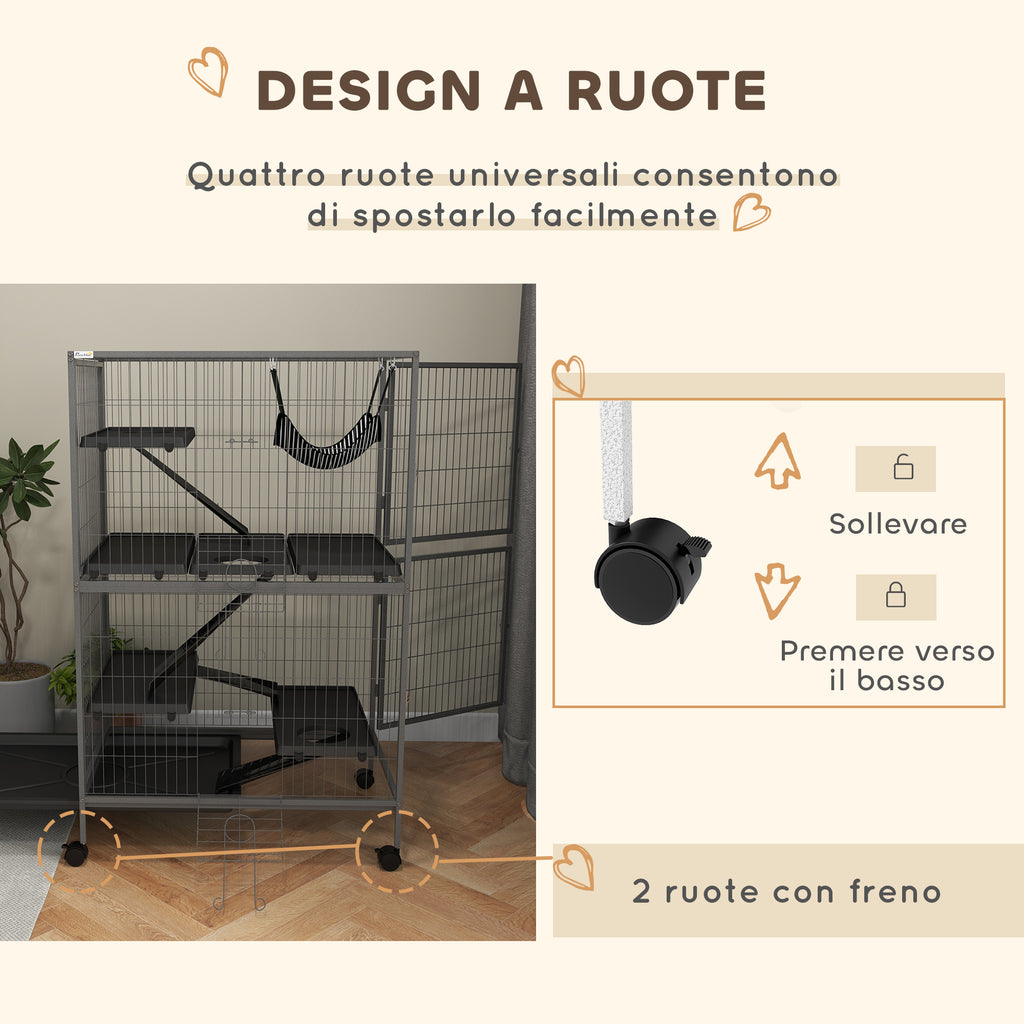 Rodent Cage with 4 Multi-Level Entrances and Hammock, Metal and PP, 80x52x128 cm, Silver and Grey