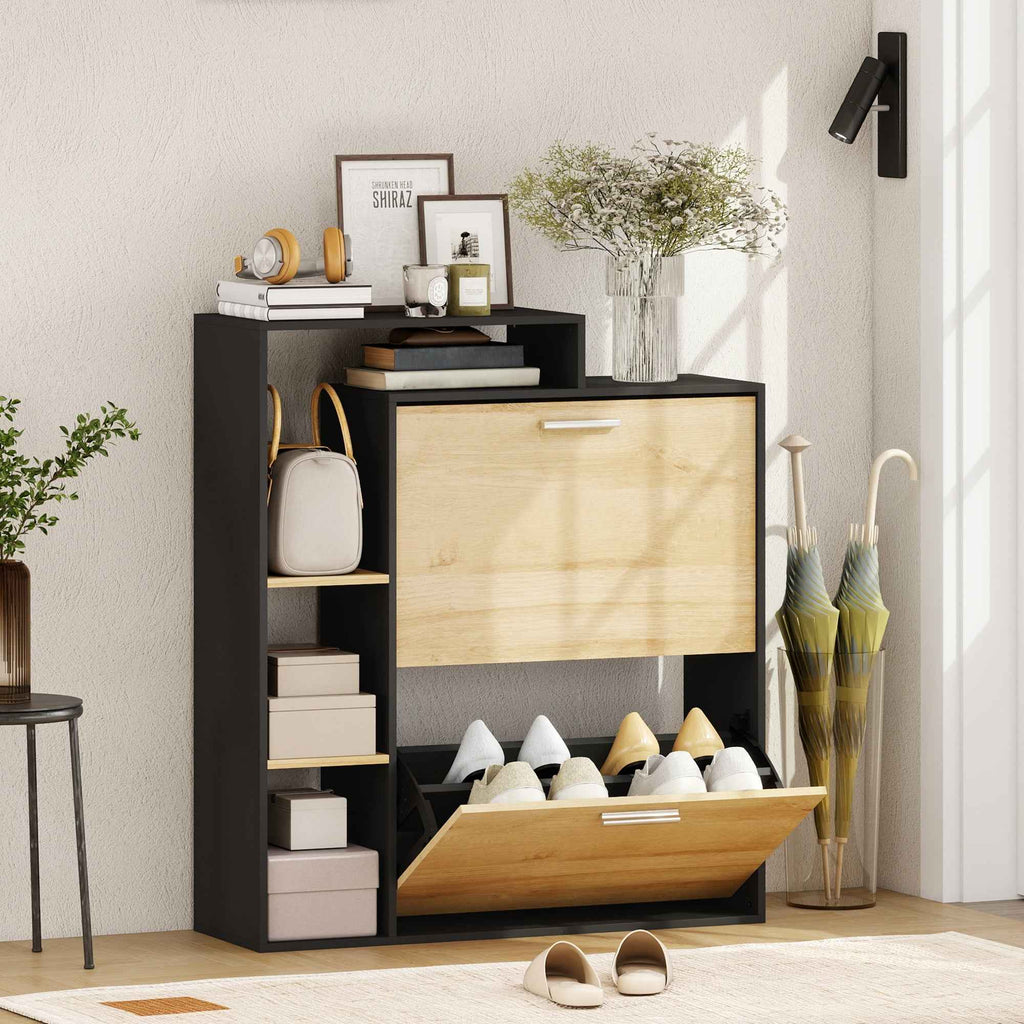 HOMCOM Shoe Cabinet: 2 Flap Drawers, Shelves, Black and Natural Wood.