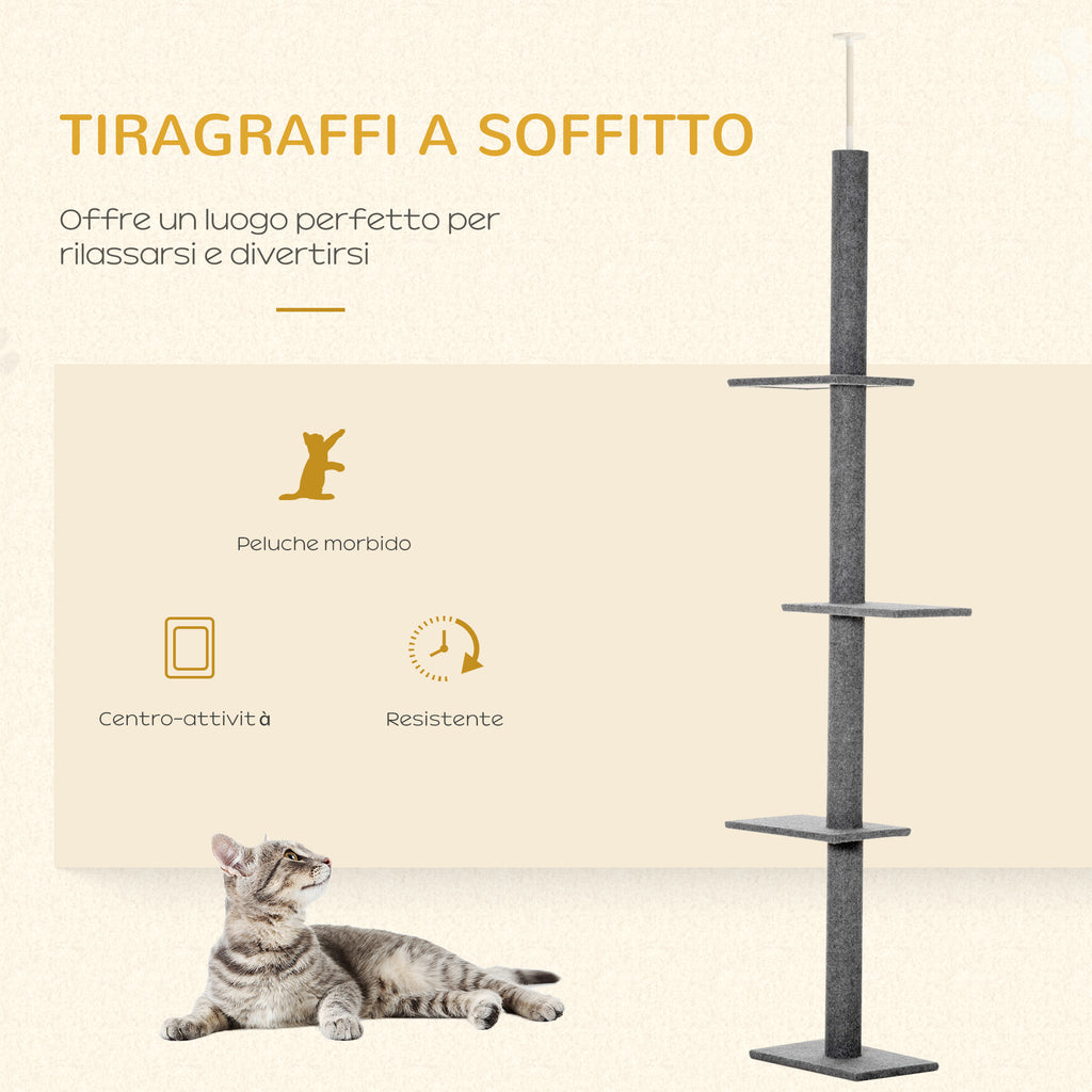 4-Tier Cat Scratching Tree with Adjustable Height, Grey, 43x27x228-260cm