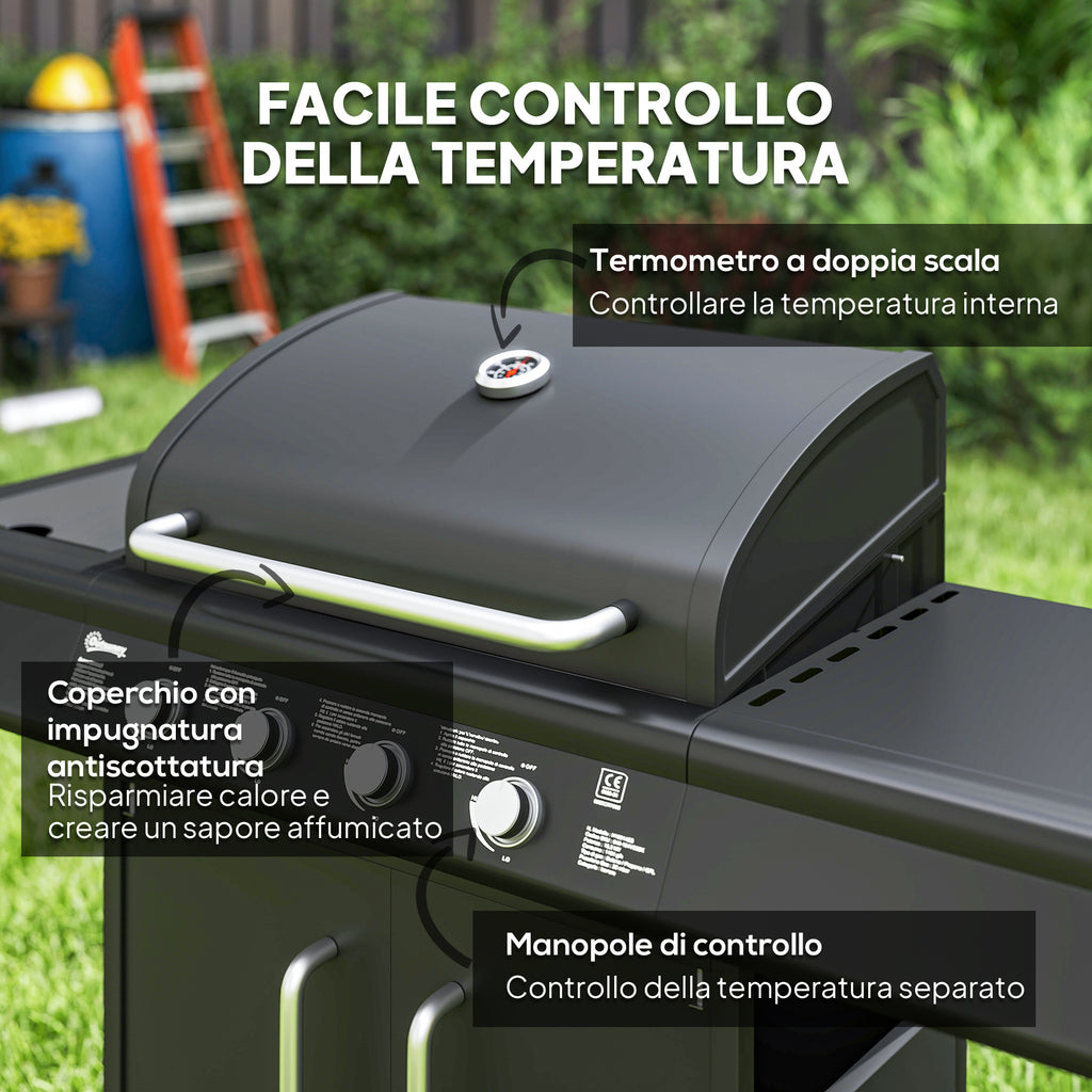 Gas Barbecue with Side Burner, Table and Cabinet, in Steel and PP, 129.5x56x110 cm, Black