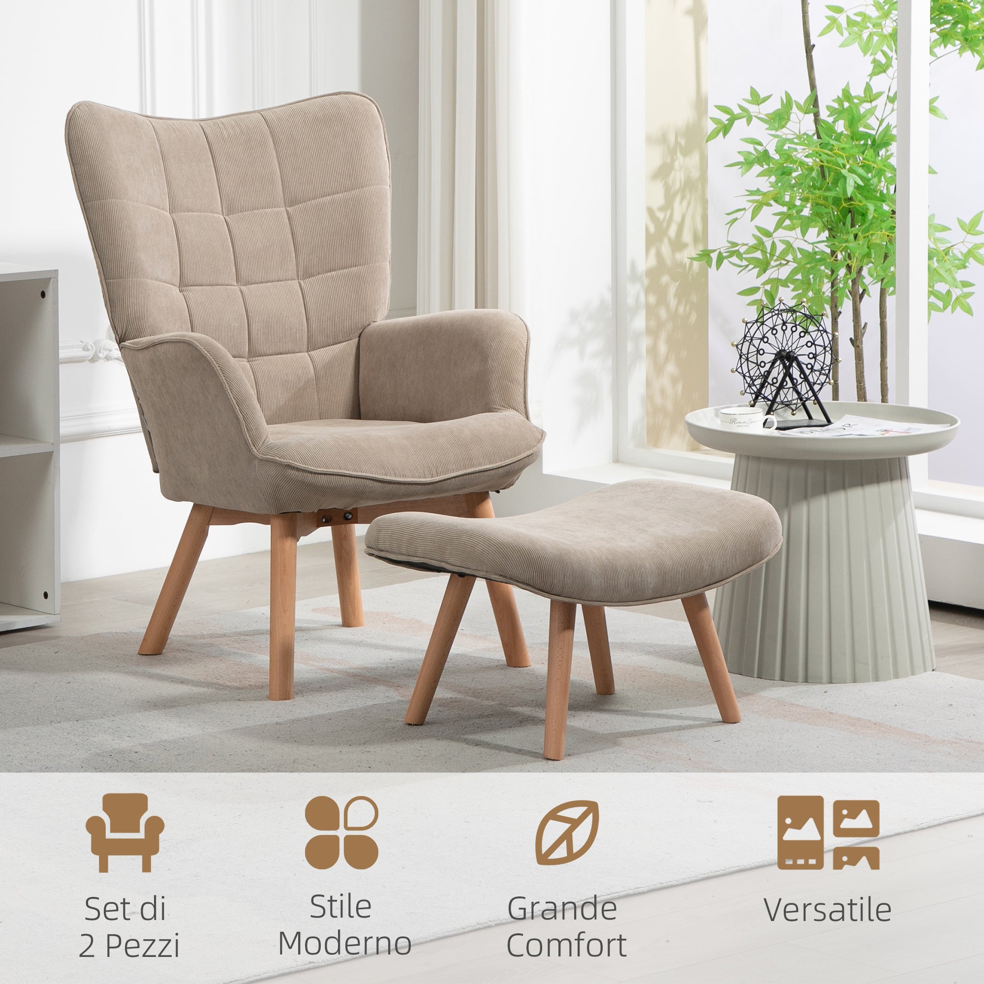 Contemporary Velvet Fabric Armchair with Footstool, 72x80x101 cm, Light Brown