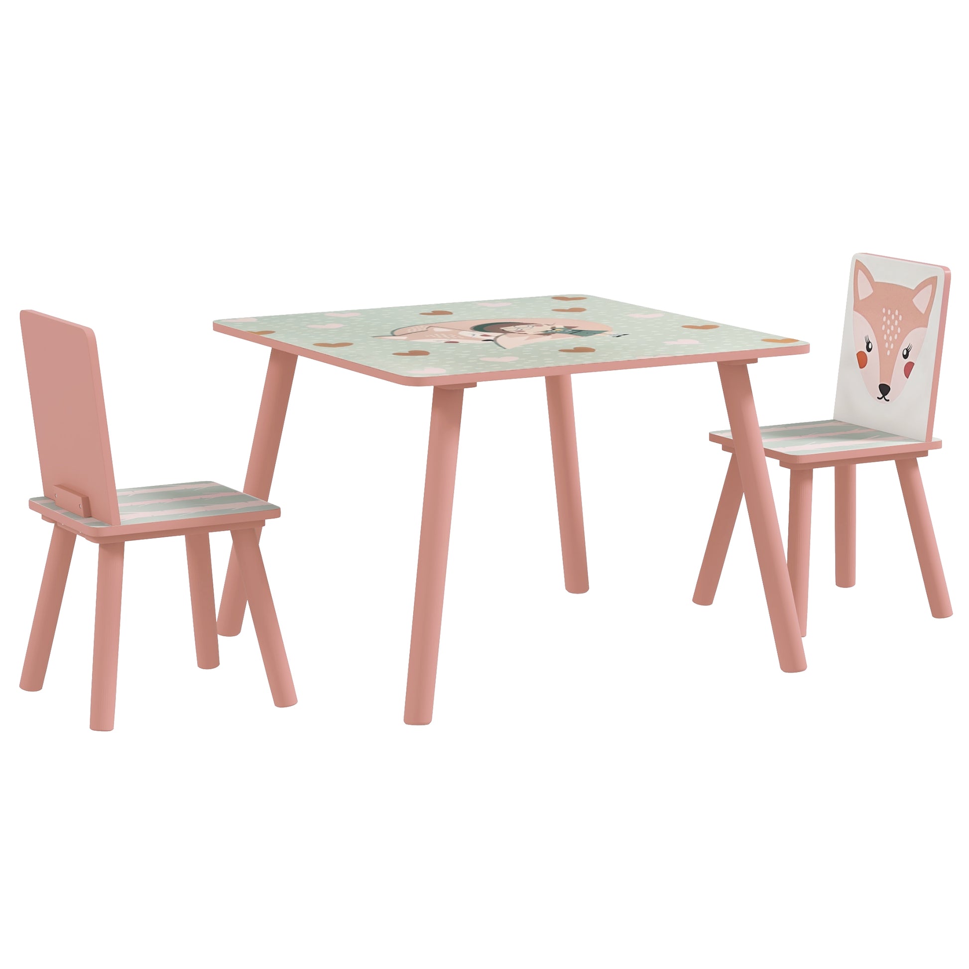 ZONEKIZ 3-piece table and chair set for children 3-8 years in MDF and pine wood with animal designs, pink - Borgè