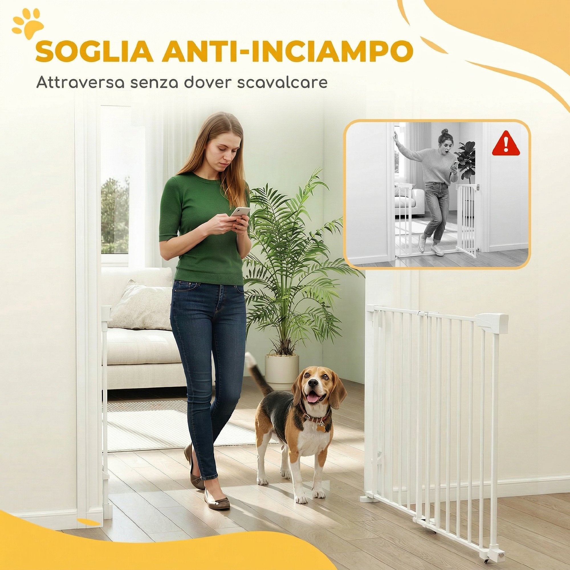 PawHut Dog Safety Gate, 74.5-111.5x74.5 cm, Stairs, Self-Closing, One-Handed Opening, White