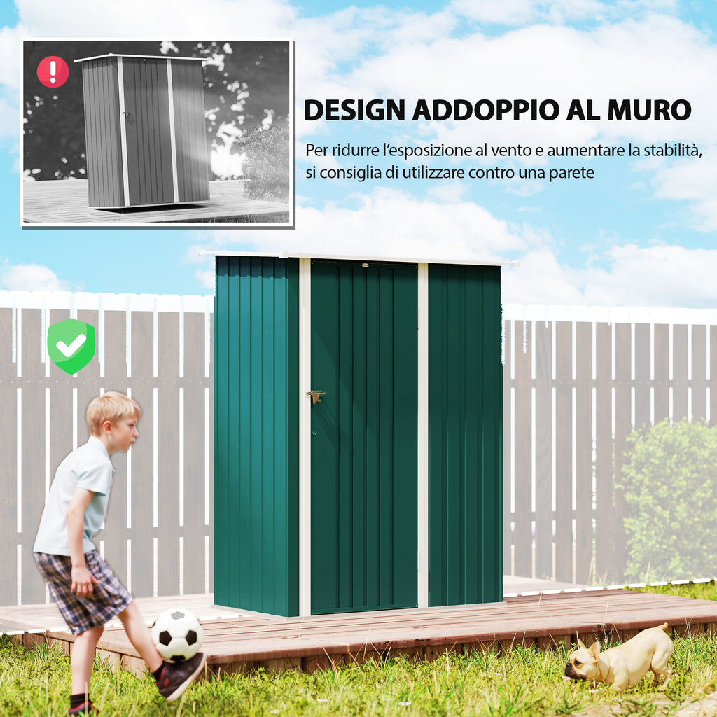 Outsunny Metal Tool Shed with Sloped Roof and Lockable Door, 142x86x189 cm, Green
