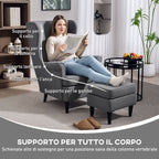 Fabric Living Room Armchair with Footstool, High Backrest and Cushion, 75x83x104 cm, Grey