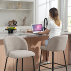 Set of 2 Bar Stools with Backrest and Footrest, Fabric Upholstery and Steel Legs, Grey