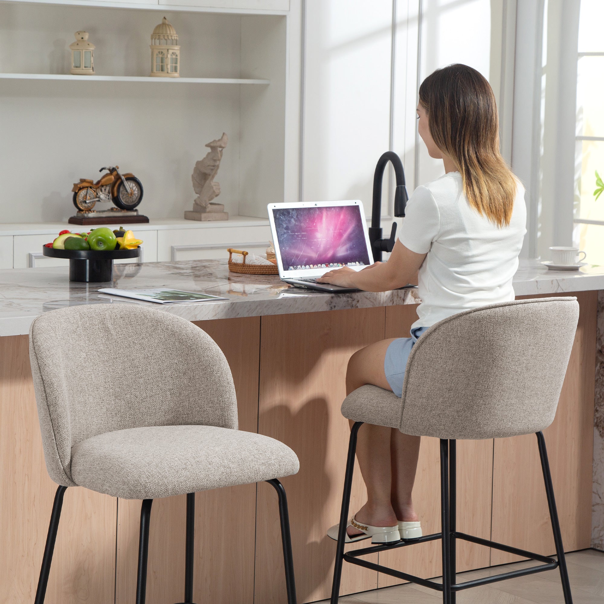 Set of 2 Bar Stools with Backrest and Footrest, Fabric Upholstery and Steel Legs, Grey